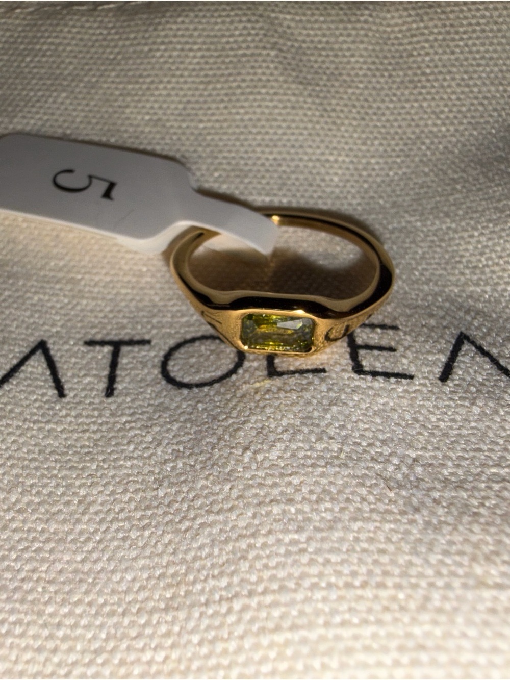 Gold-Plate Women's Ring with Rectangular Green Stone